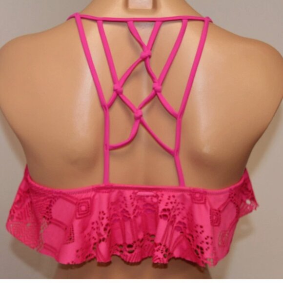 New VOLCOM Swimsuit Bikini Bra top Scream Magenta Ruffle Crochet - Picture 4 of 4